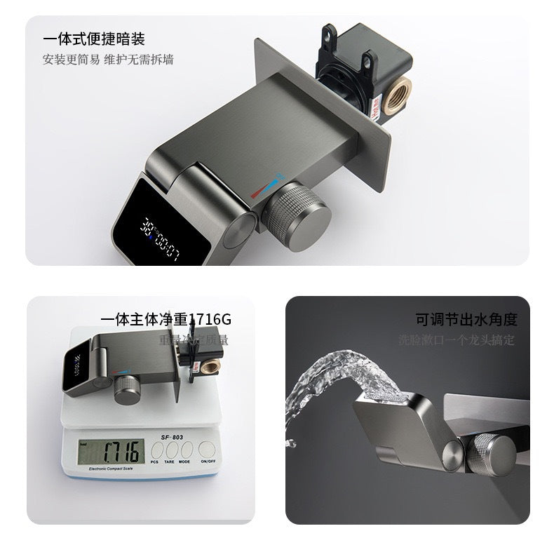 Wall Mount Rainfall Faucet with Digital Temperature Display - Modern Vanity Mixer Tap