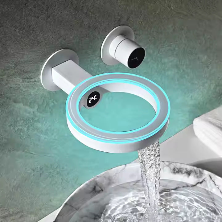 Luxury Wall Mounted Waterfall Basin Faucet - LED Digital Display with Thermostatic Control